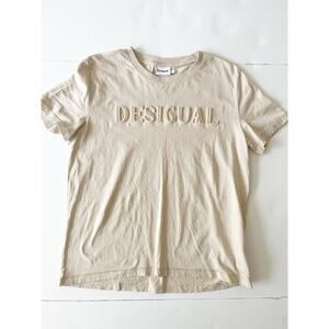Desigual T-Shirt Women M Tan 3D Lettering Short Sleeve Round Neck